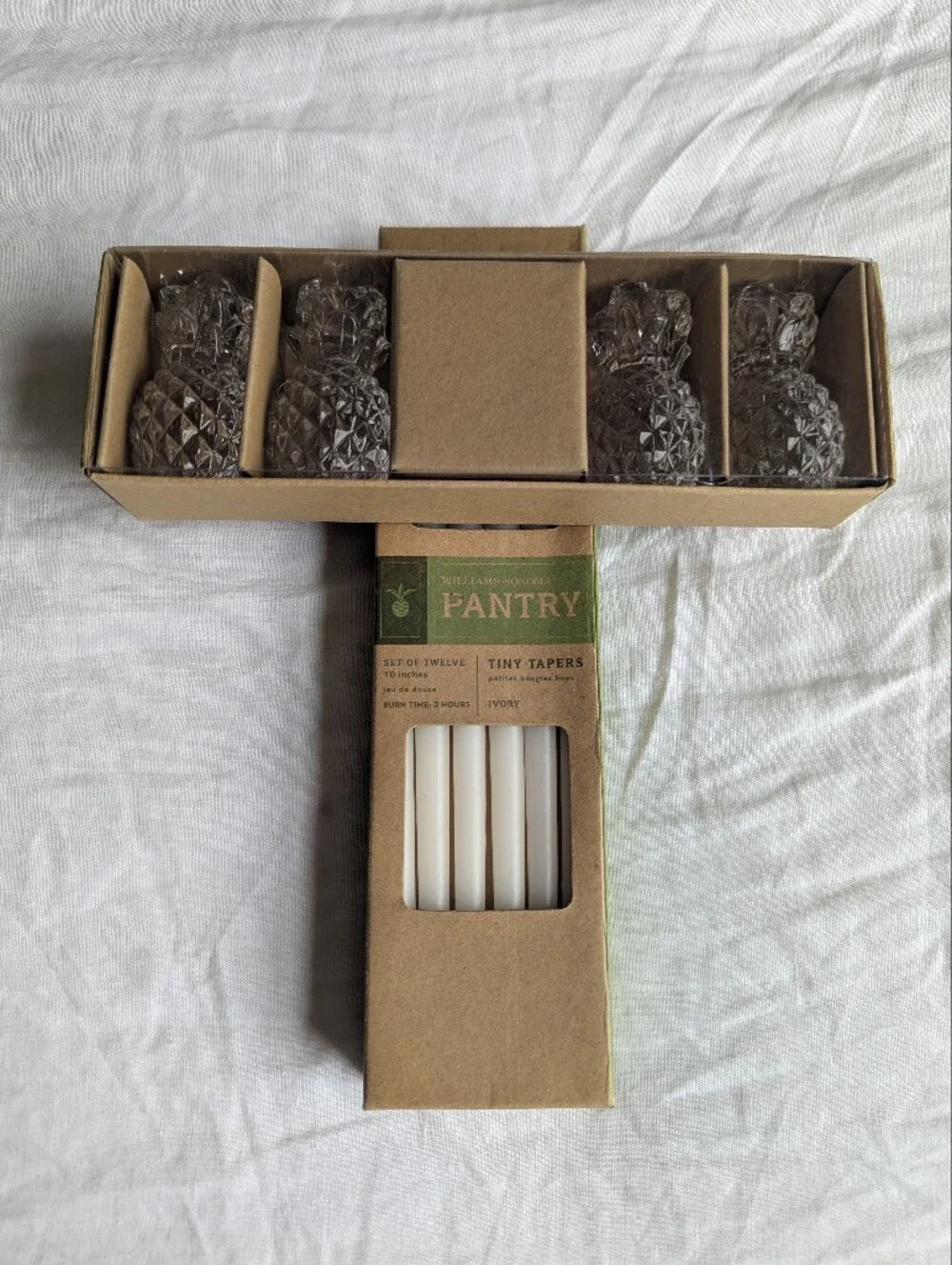 Williams Sonoma Glass Pineapple Candle Holders with Ivory Tapers